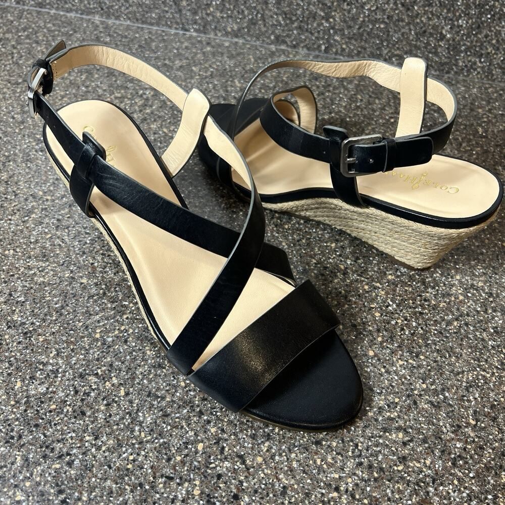 Cole Haan Women's 8 B Wedge Black Leather Espadrille Sling Back Open Toe Sandals